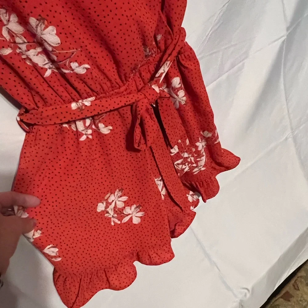 Sz S Ruffles & Floral & Dots Faux Wrap Front Challis Romper NWT - Picture 3 of 16